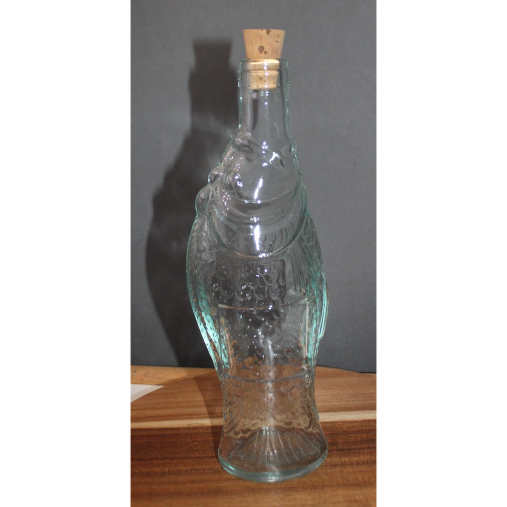 Vintage Fish Shape Decorative Glass Cork Top Bottle 10" Tall Novelty Collectible